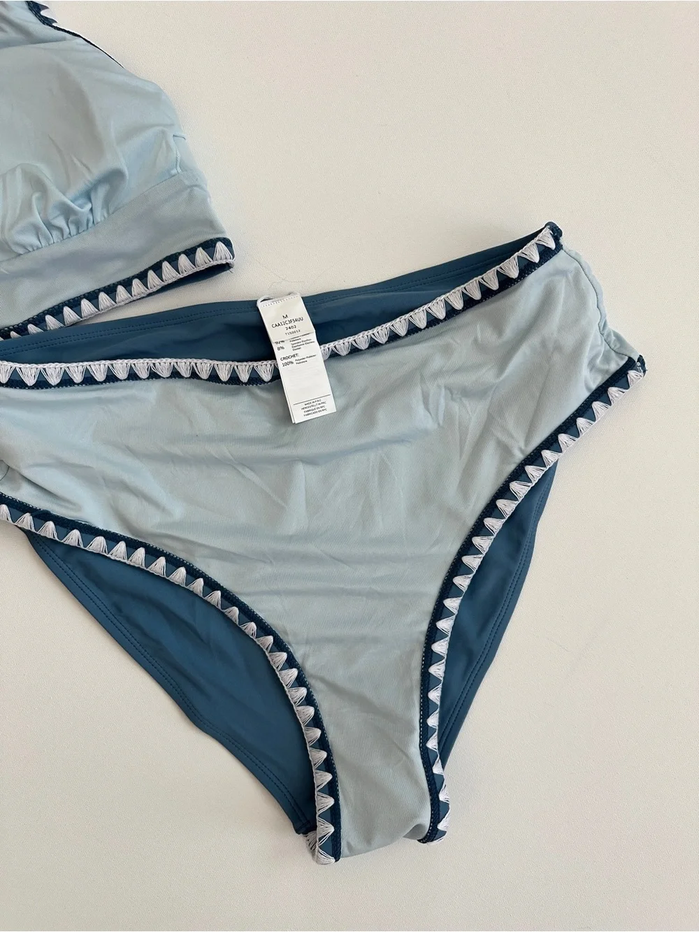 Cupshe Blue White Crochet Trim Scoop Neck High-Waist Bikini Set Size M